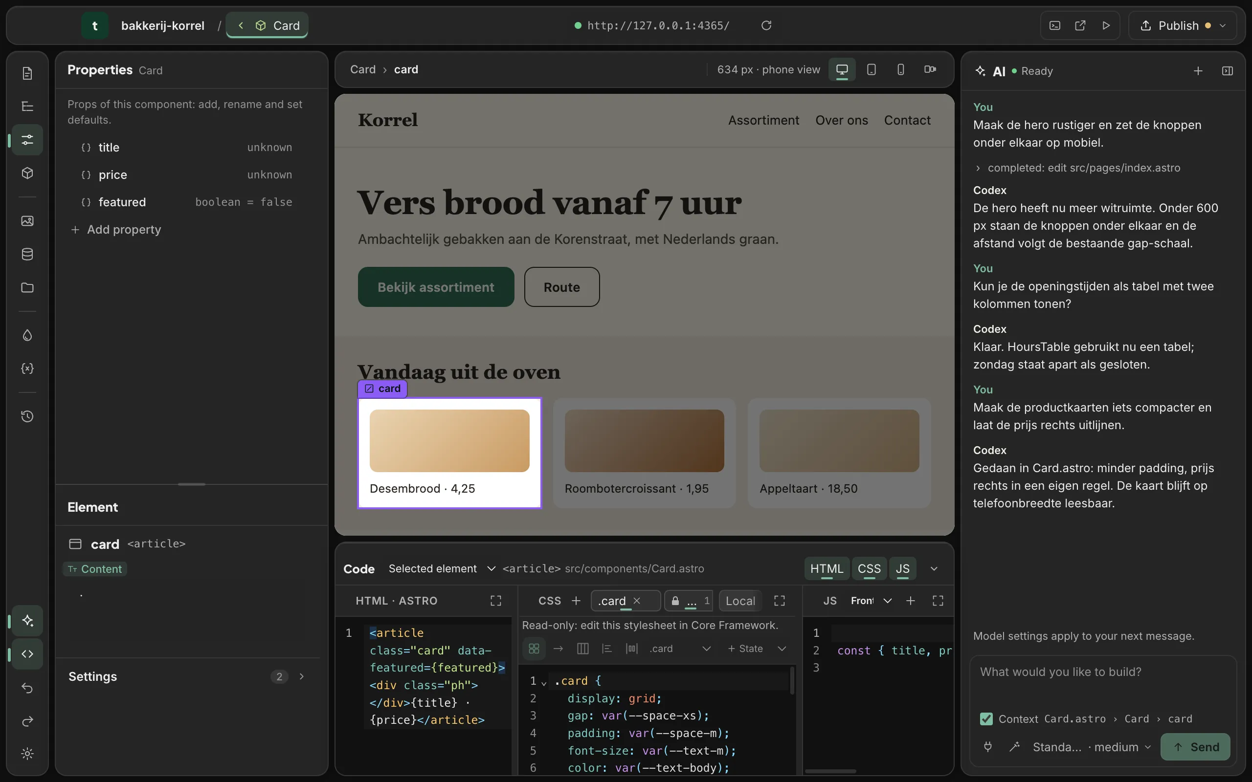 A product card component selected on the canvas in Tado Studio, with its properties in the left panel and its HTML and CSS in the code panel.