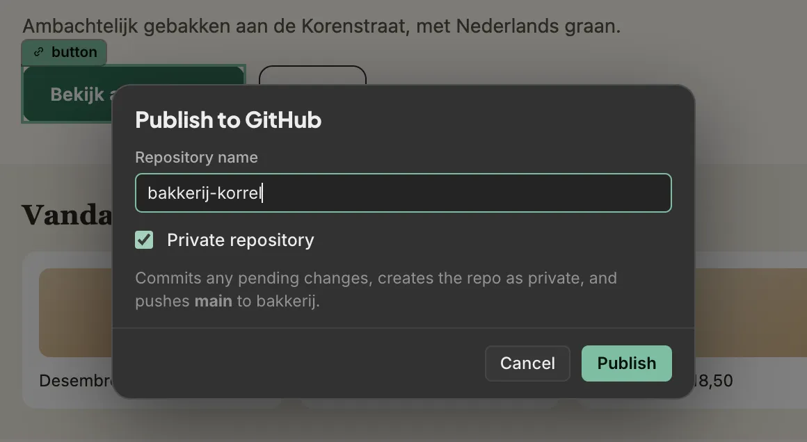 The Publish to GitHub dialog in Tado Studio, with the repository name, the private repository option and the Publish button.