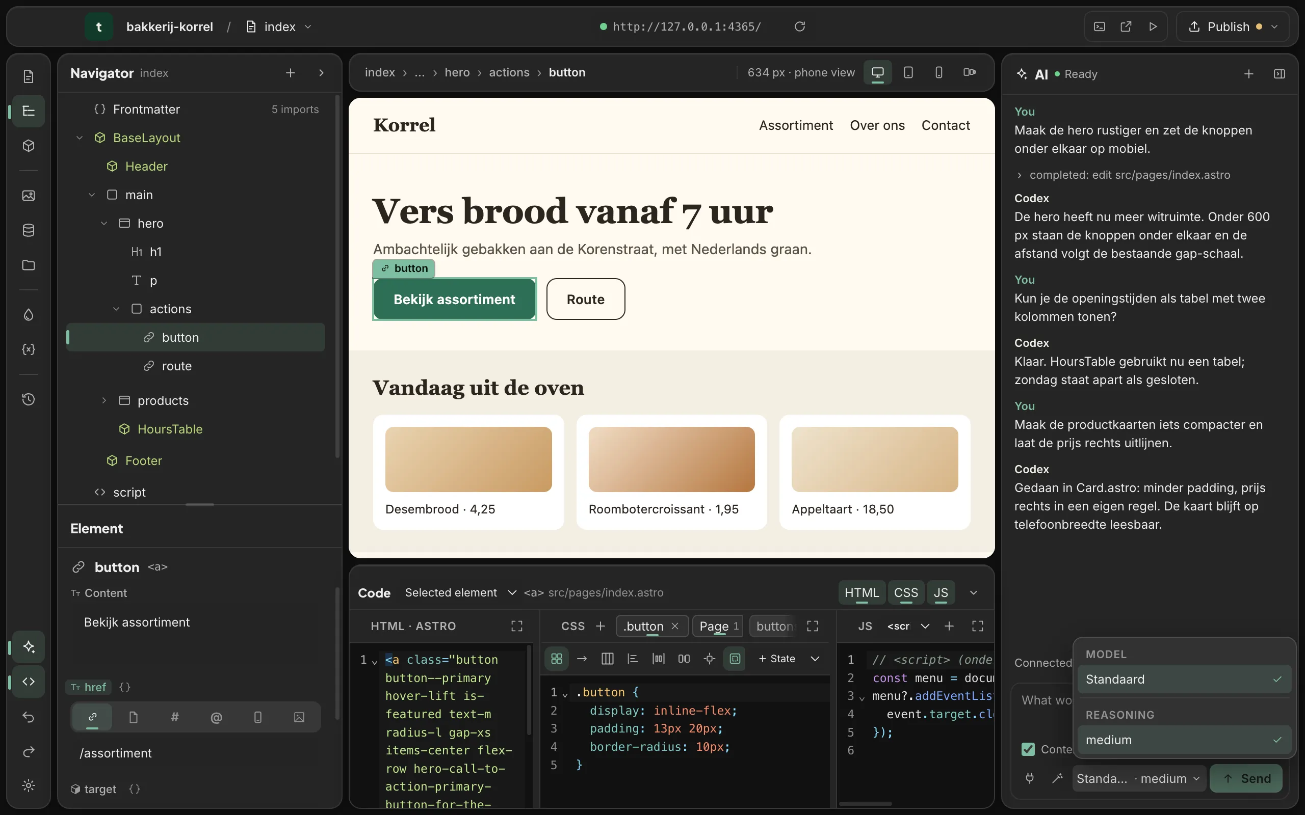 The Tado Studio workspace: a bakery website on the canvas with its main button selected, the AI chat beside it and the button’s HTML, CSS and JavaScript in the code panel below.